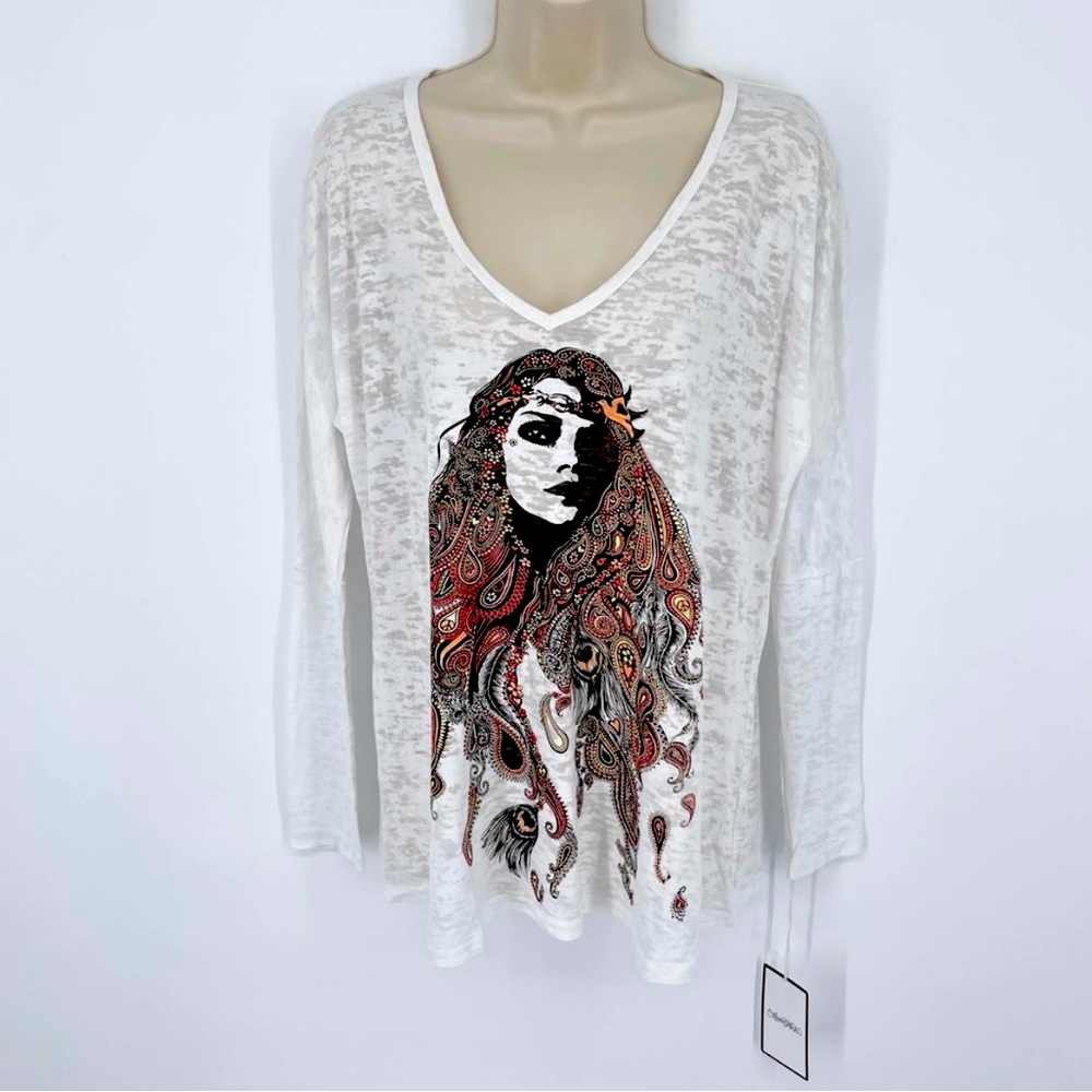 Lauren Moshi Women's Mona V-neck Tee w/ Cuff Color Gypsy Girl NEW Size S
White